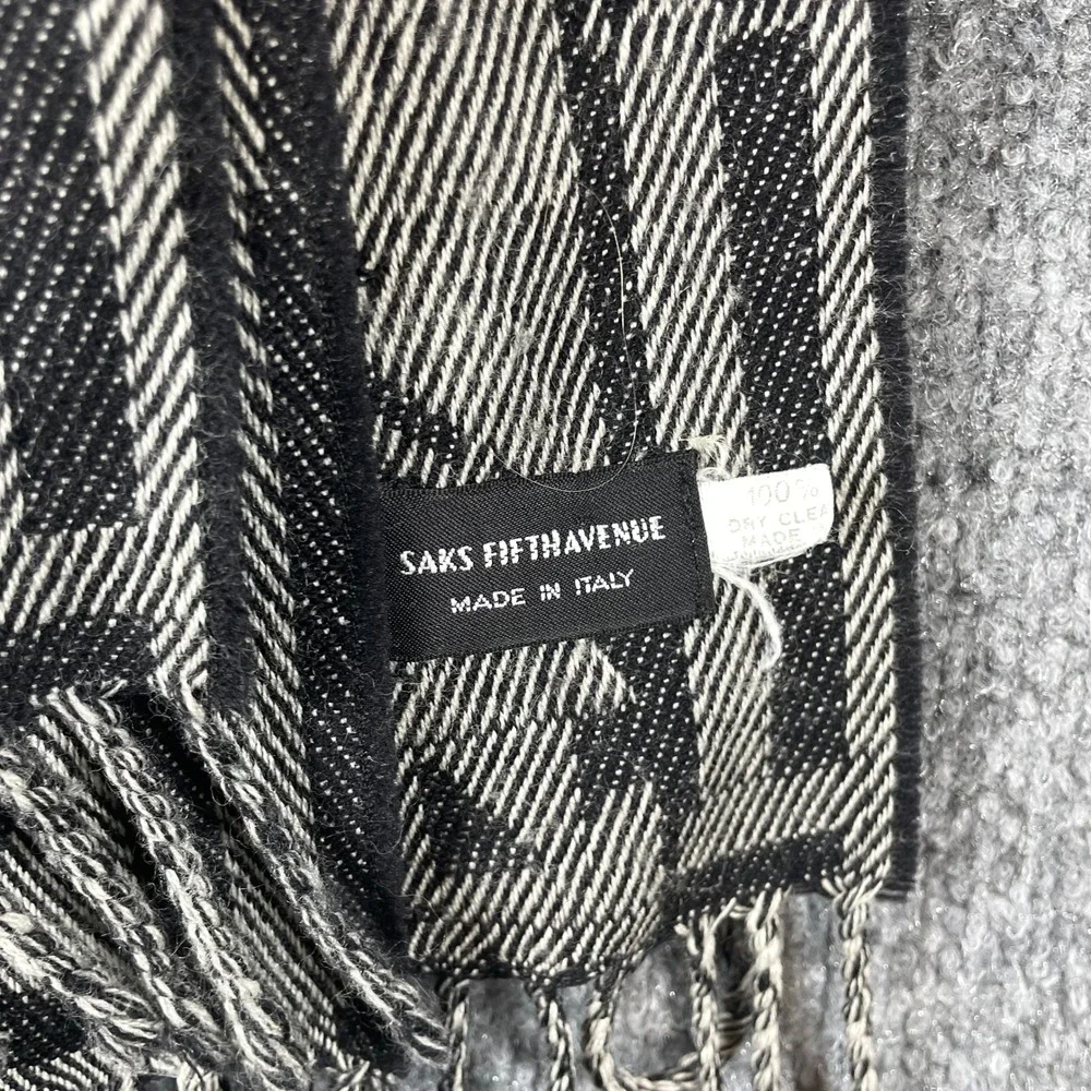 VTG Saks Fifth Avenue Scarf Unisex One Size Black Geometric Abstract Wool Italy